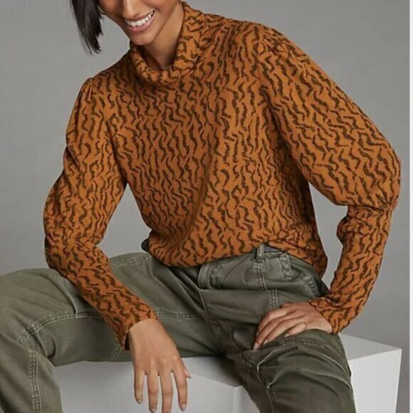 Anthropologie Sweaters - Anthropologie Puff Sleeve Printed Turtleneck Long Sleeve Top Women's Size Small